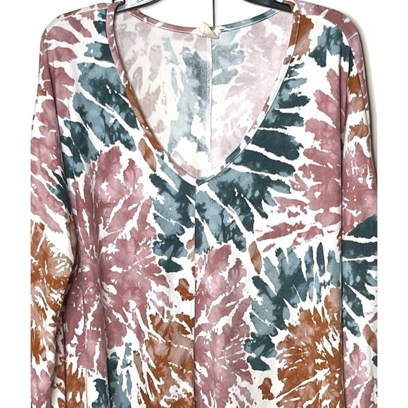 Generation Woman's Large Soft Loose Stretch Tunic Top Sunburst Tie Dye V-Neck T8 - Picture 2 of 6